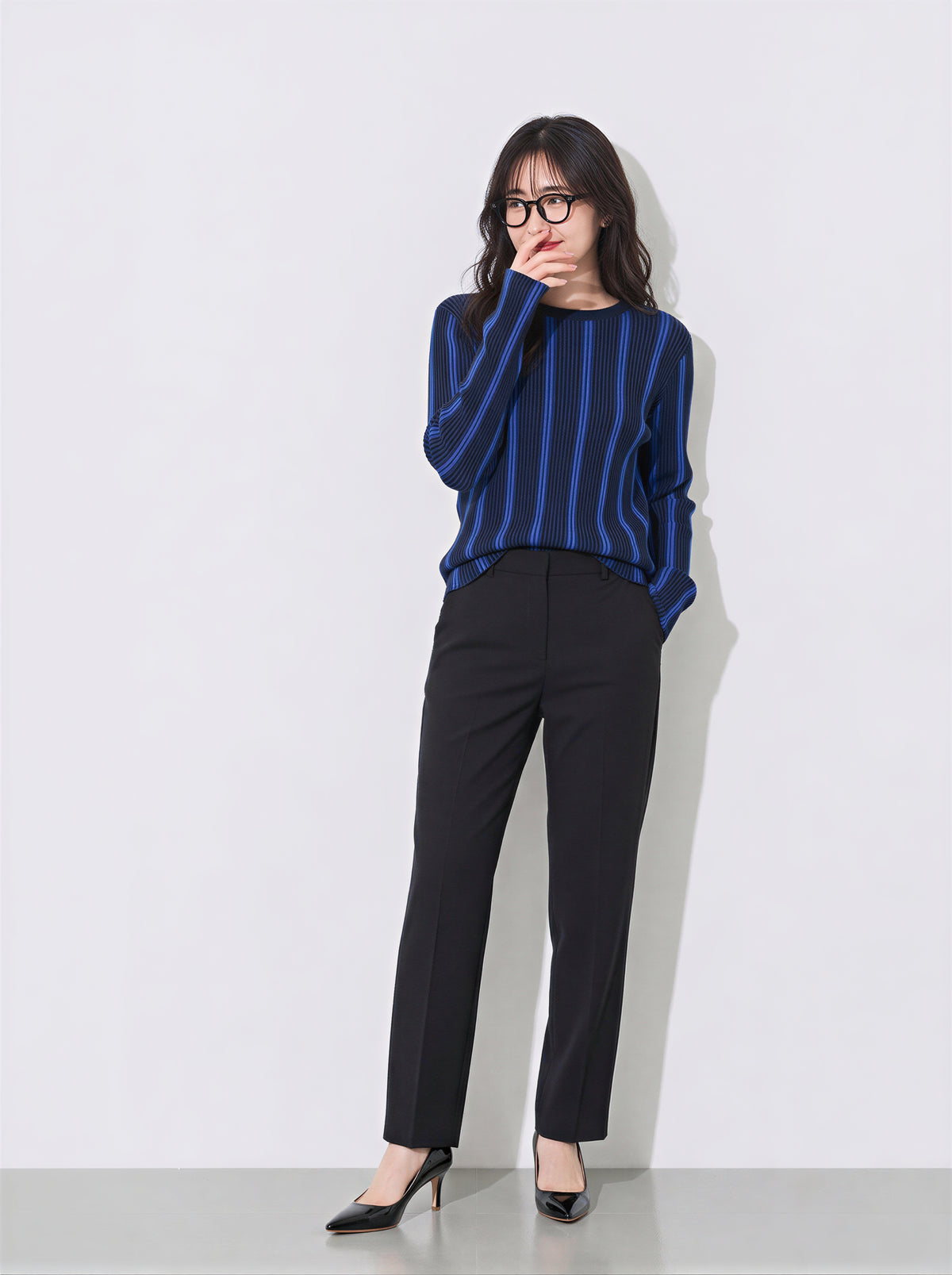 【秋新作】S~XL スリムフィット 縦ストライプ クルーネックニット