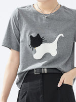 コットン素材、ネコ！子猫刺繍半袖Tシャツデザイン感ゆったりトップス
