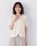 ラウンドネック タック入り パフスリーブブラウス-ベージュ-2XL
