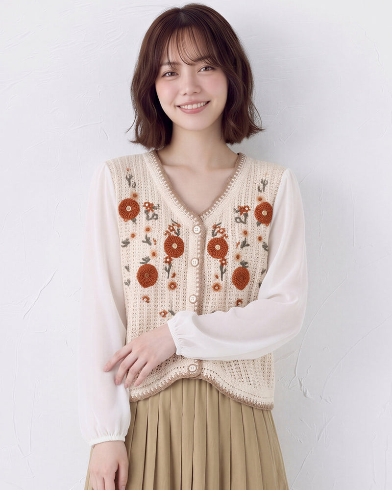 花刺繍入り スカラップヘム ニットカーディガン