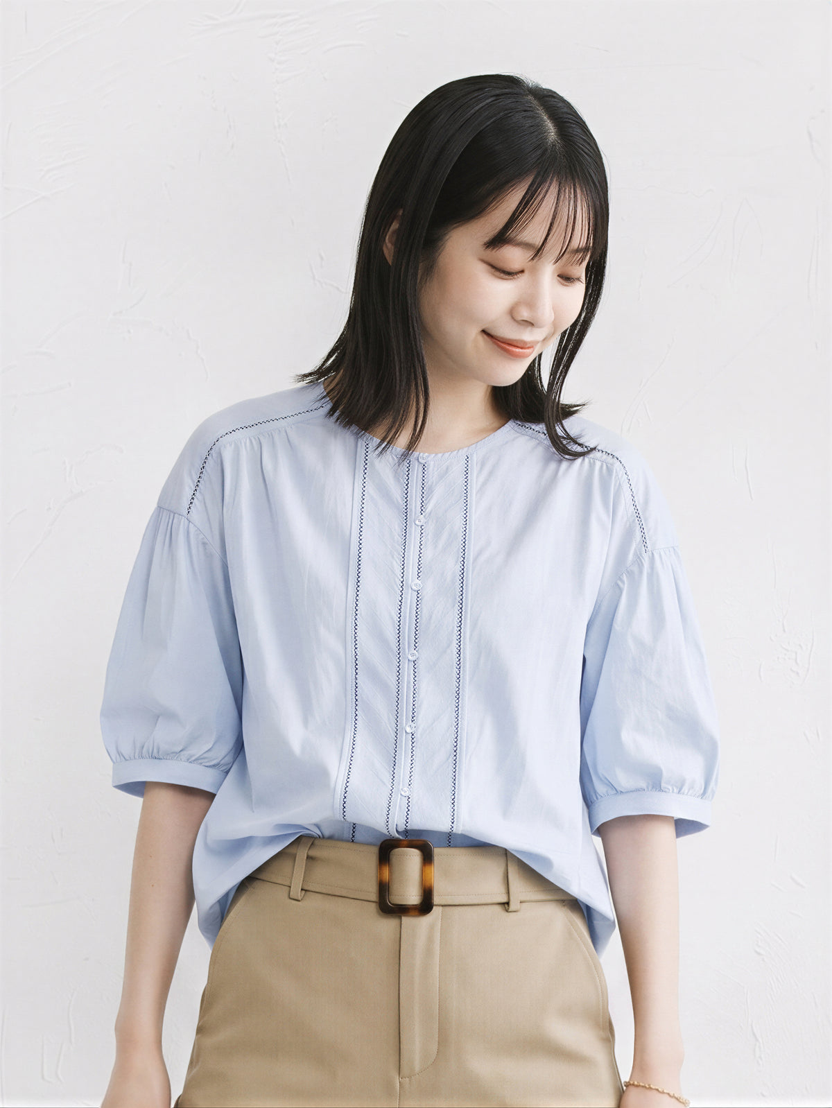 M-2XL ライトブルー プリーツ パフスリーブブラウス