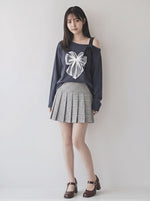 【全2色】M~2XL オフショルダー リボンプリントTシャツ