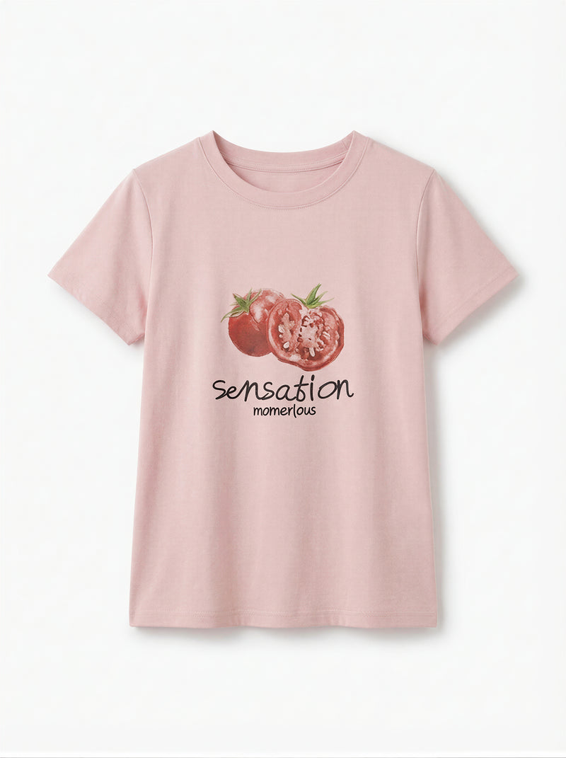 ライトピンク フルーツプリント クルーネック半袖Tシャツ