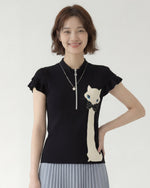 ハーフジップ スタンドカラー フリル袖 猫モチーフ 半袖Tシャツ