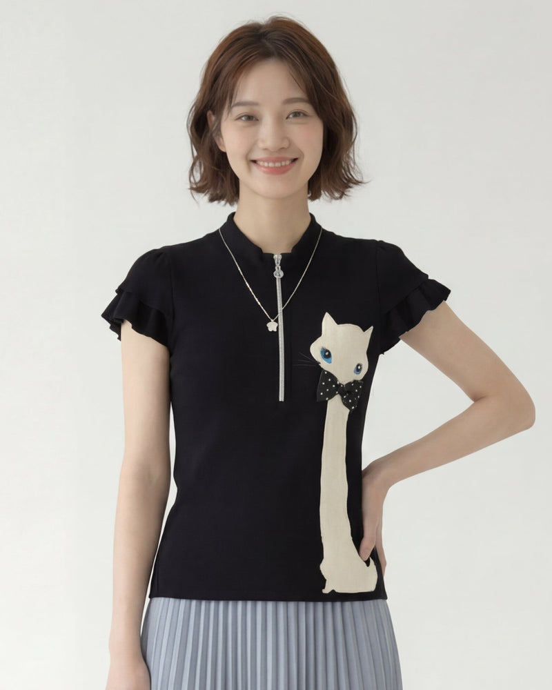 ハーフジップ スタンドカラー フリル袖 猫モチーフ 半袖Tシャツ