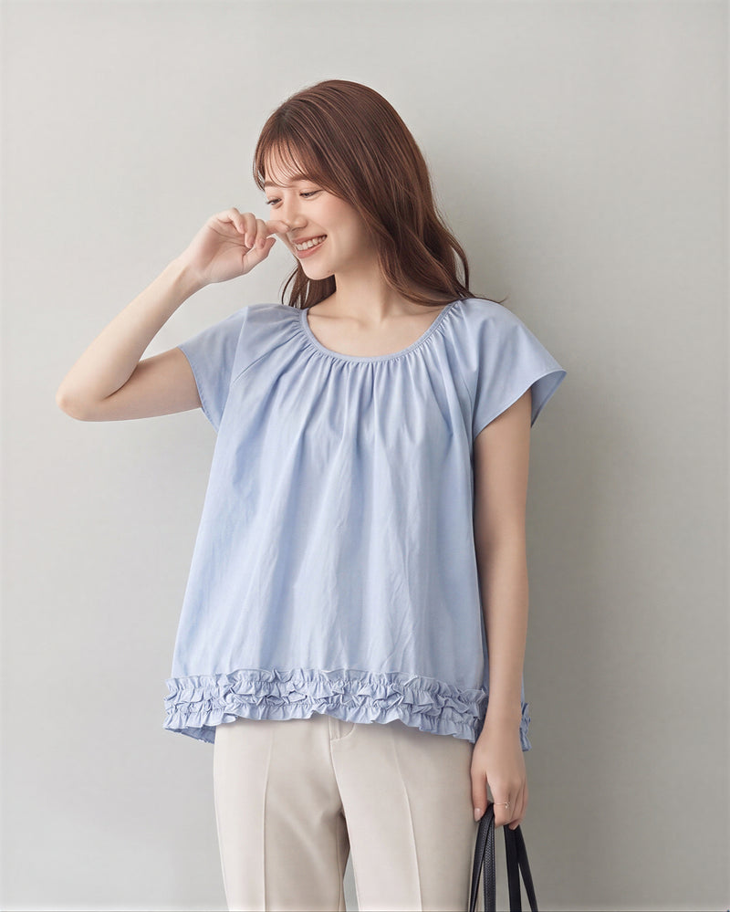 ギャザー入りラウンドネック ペプラムヘムTシャツ-サックス-4XL