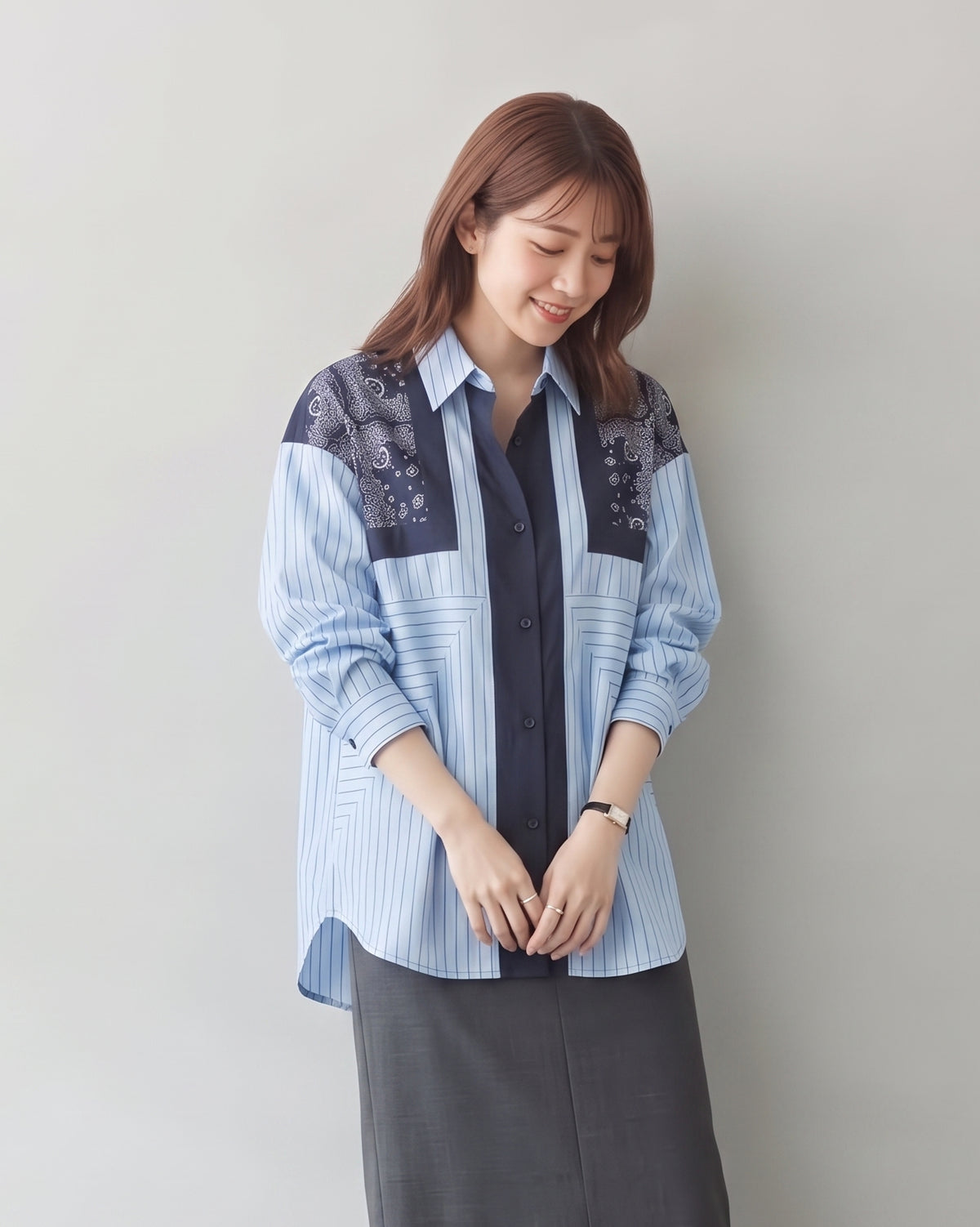 【秋新作】L~4XL 切り替えストライププリントシャツ
