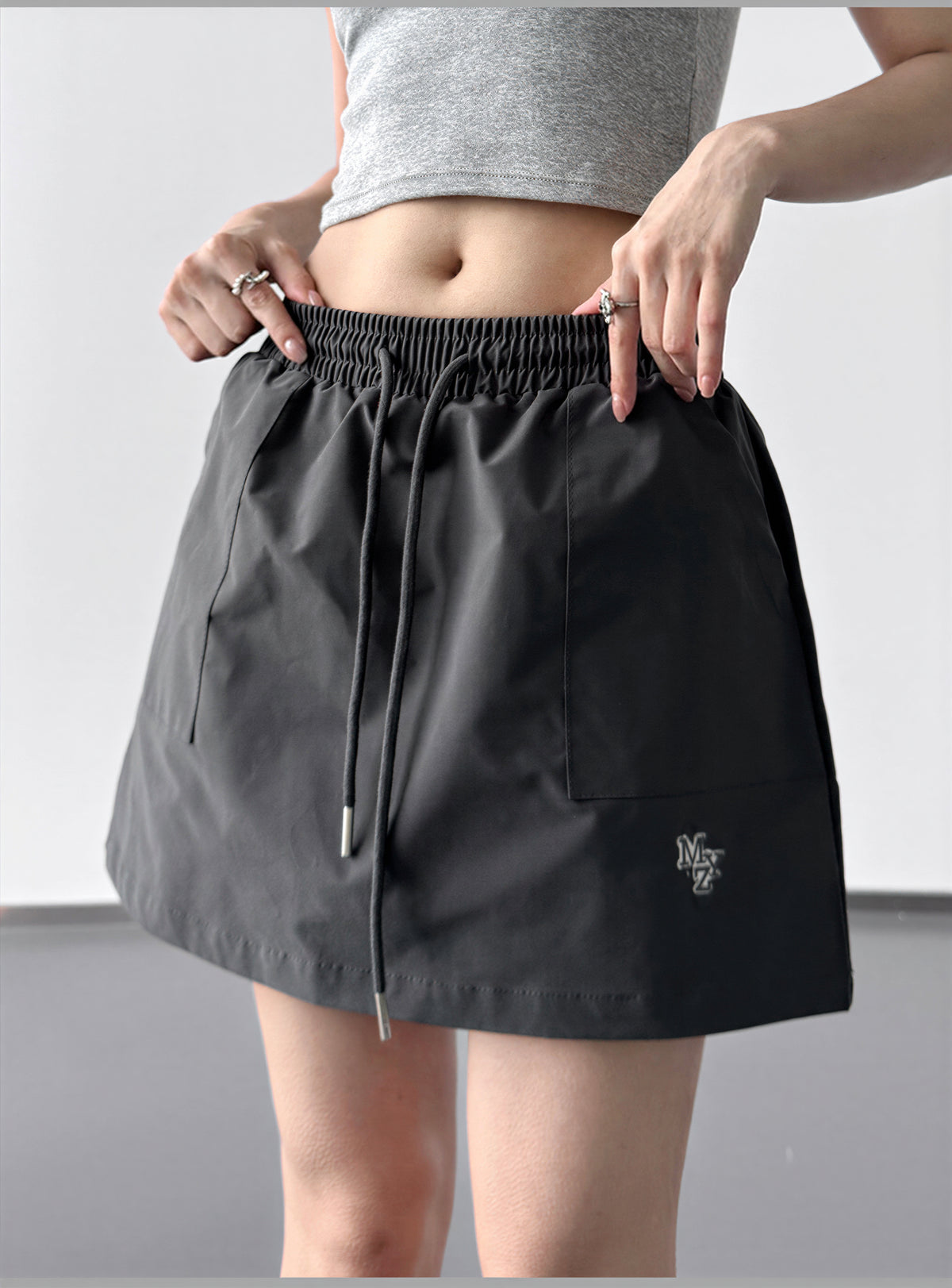 S-XL ウエストゴム ドローストリング Aラインミニスカート