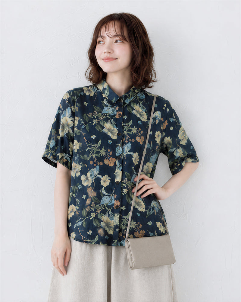 M~2XL レトロフラワープリント ブルーシャツ