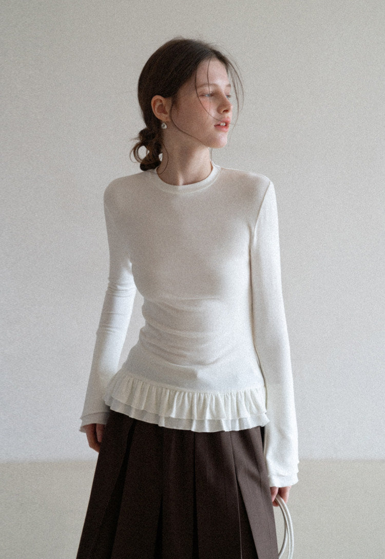 小花柄プリント フリルヘム切替 スリムフィット クルーネック 長袖Tシャツ