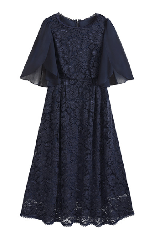 【秋新作】【全3色】S~2XL ケープスリーブ ウエストマーク レースワンピース
