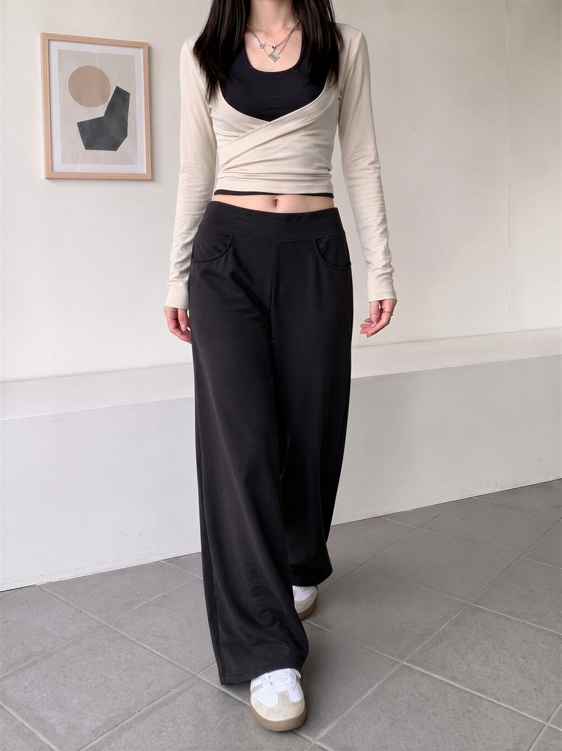 ハイウエスト 落ち感ストレートワイドパンツ-ブラック-XL