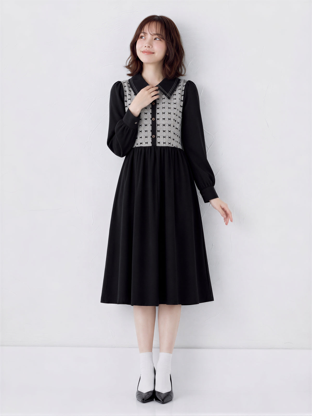 【秋新作】S~XL 切り替えビッグカラー ウエストマーク シャツワンピース