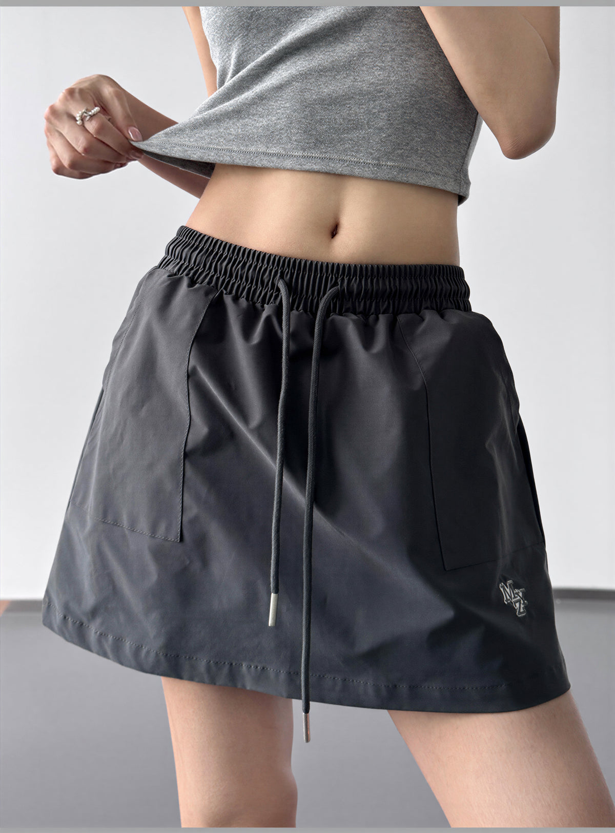 S-XL ウエストゴム ドローストリング Aラインミニスカート