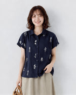 小さめラウンドネック 花柄 ゆったり半袖シャツ-ダークブルー-3XL
