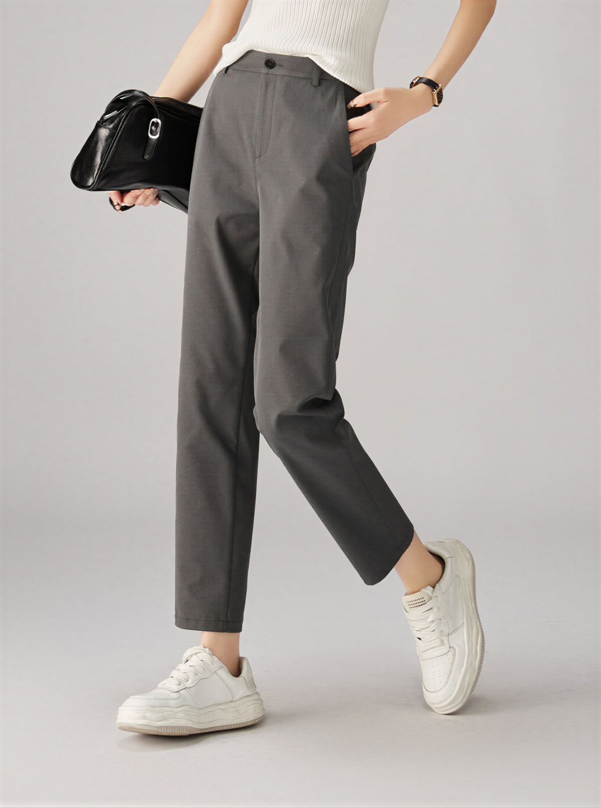 ハイウエスト ストレート 9分丈 シガレットパンツ-スモークグレー-2XL