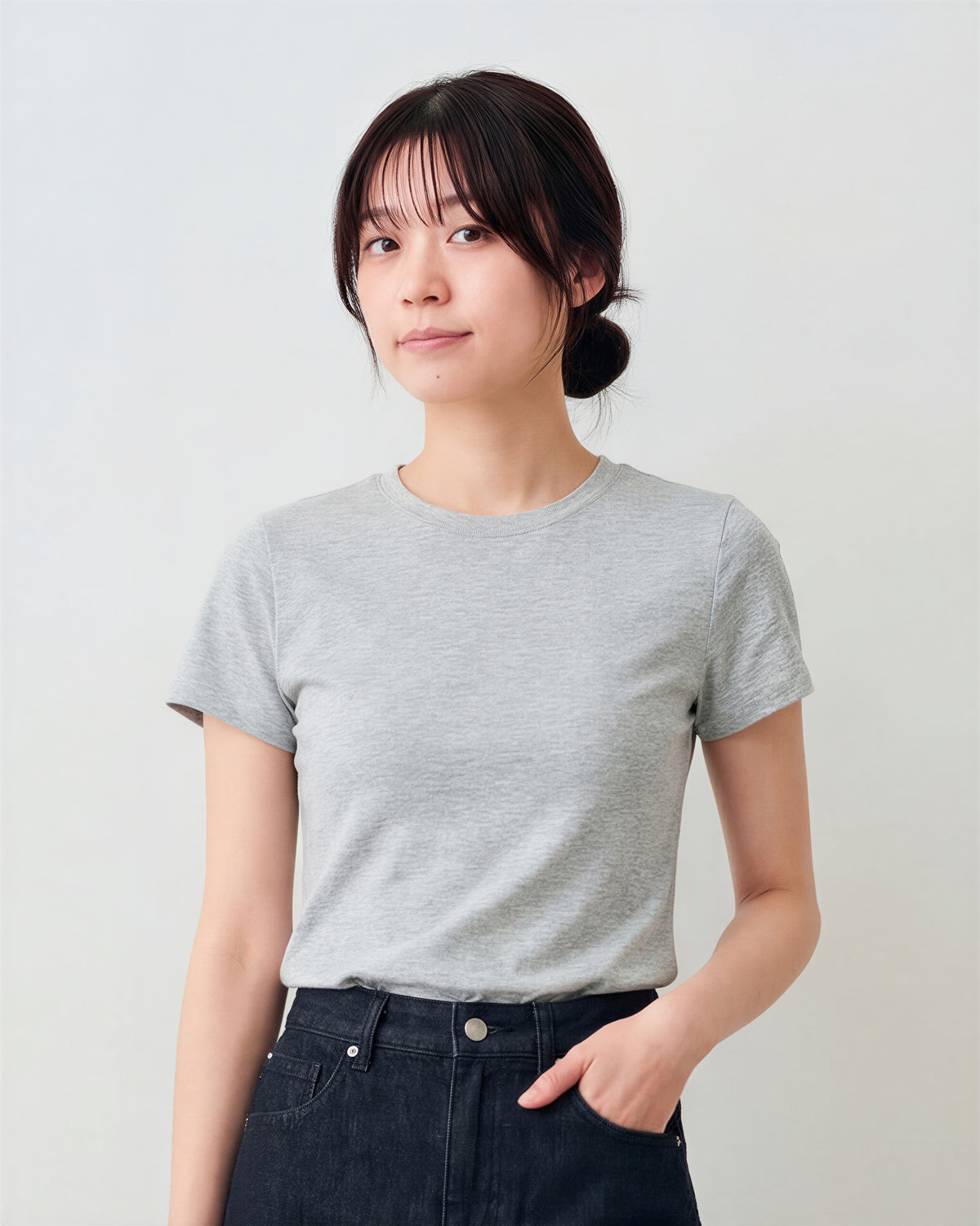 スリムフィット 伸縮性 クルーネック ショート丈 半袖Tシャツ-アッシュグレー-2XL