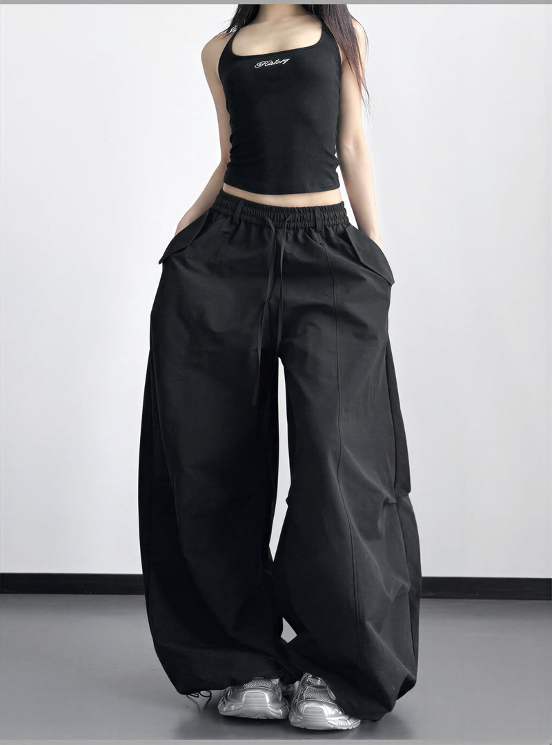 S-XL ドローストリング ボリュームワイドパンツ