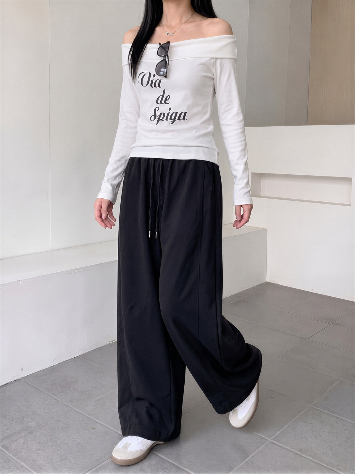 【全4色】M~XL ハイウエスト ドローストリング 裾だまりワイドパンツ