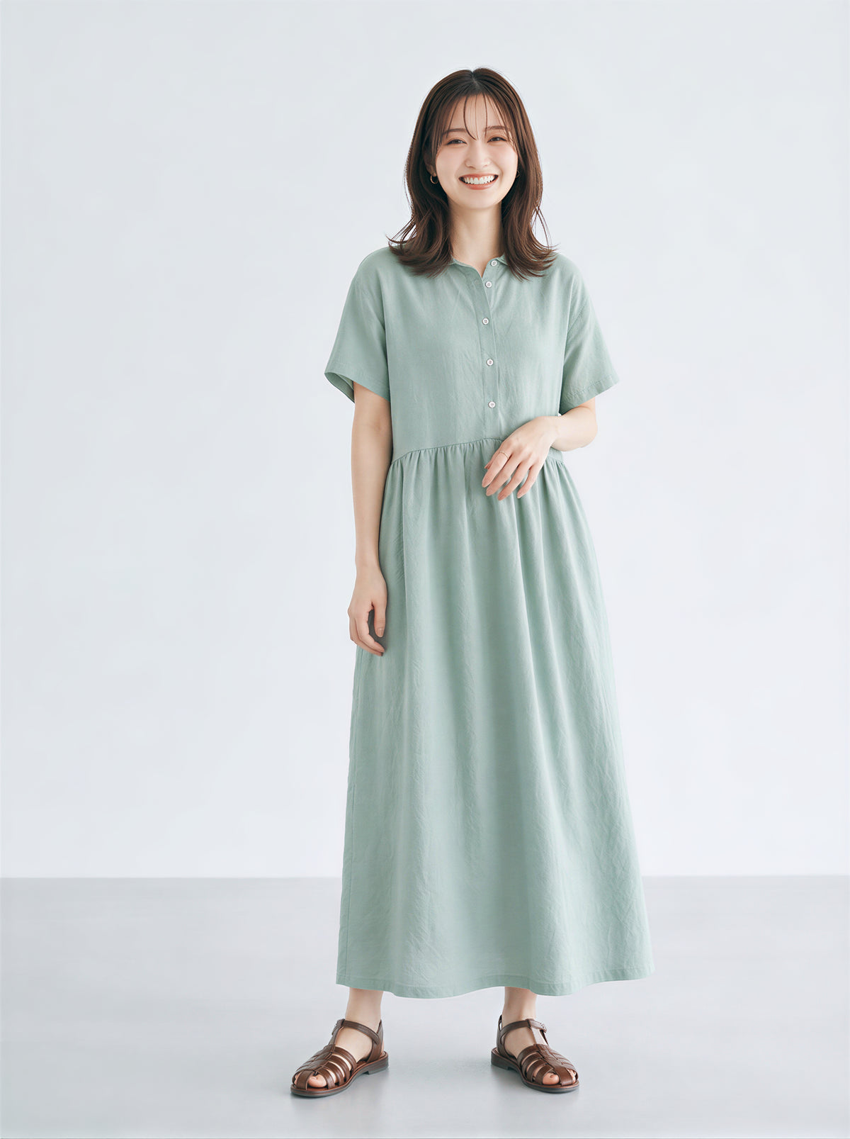 スタンドカラー 前ボタン ハイウエスト プリーツ ロングワンピース-グリーン-2XL