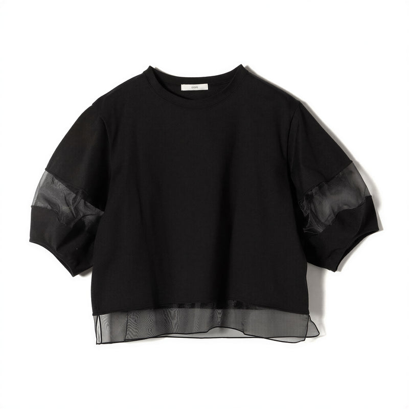 【全2色】M~XL オーガンジー切り替えパフスリーブTシャツ