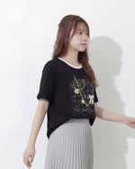 配色パイピングのクルーネック 立体柄Tシャツ