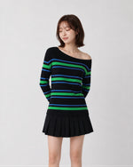 S~XL オフショルダーボーダースリムTシャツ