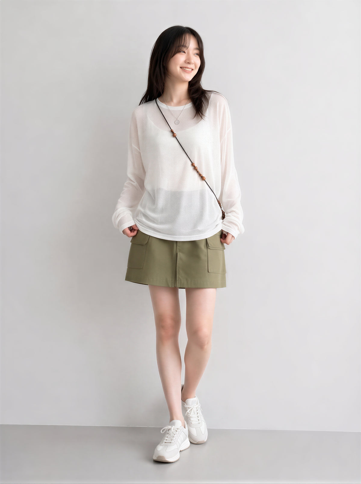 S~XL シアー重ね着 ルーズフィット 長袖Tシャツ