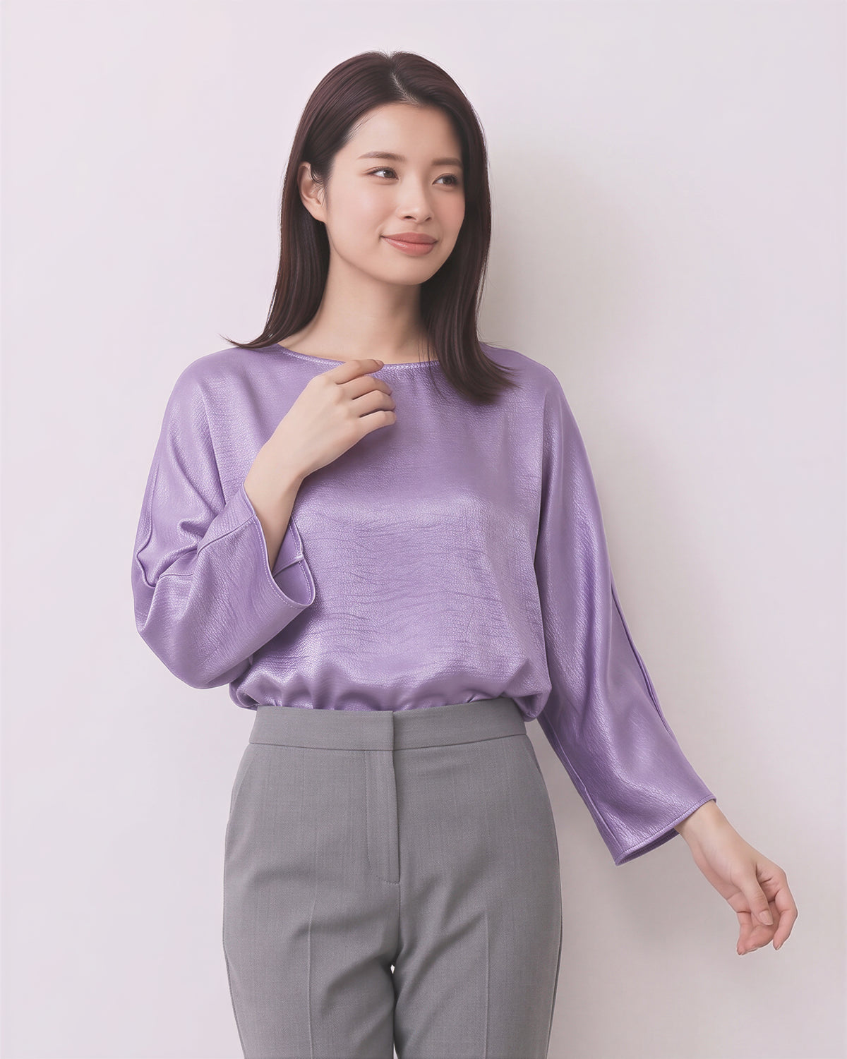 ジャカード光沢ゆったり七分袖Tシャツ