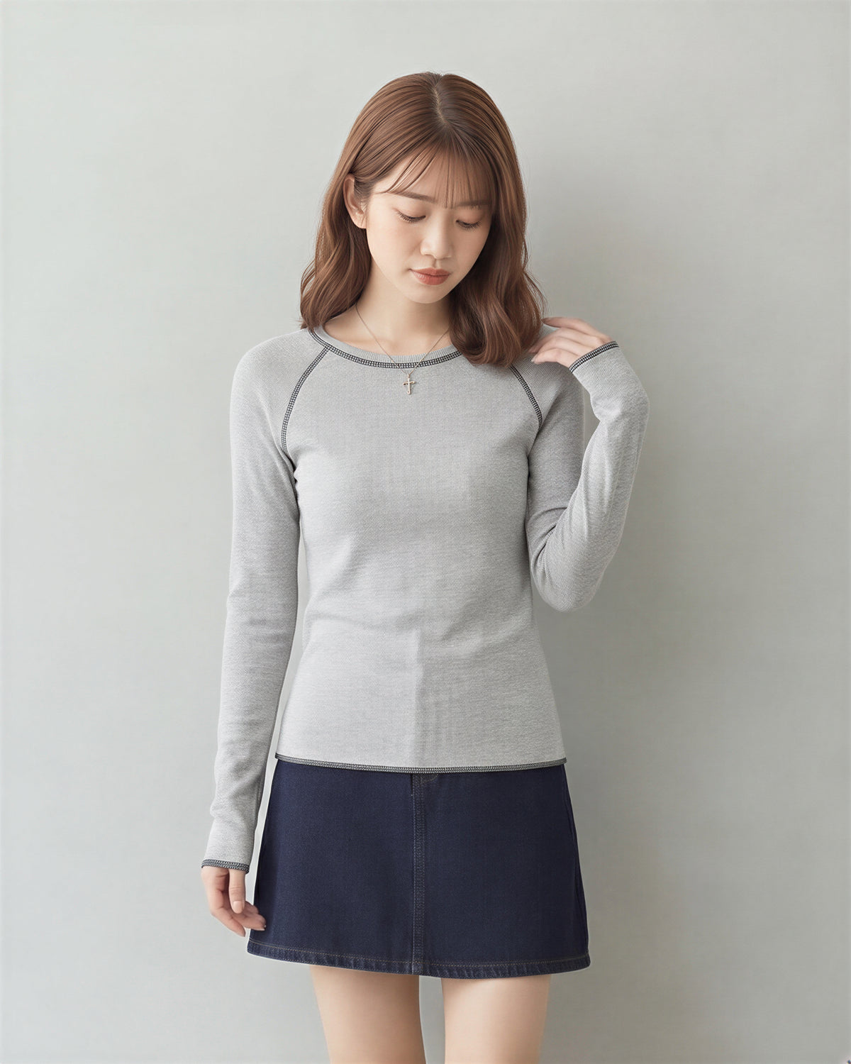 スリム配色トリム ラグランTシャツ-グレー-XL