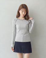 スリム配色トリム ラグランTシャツ-グレー-XL