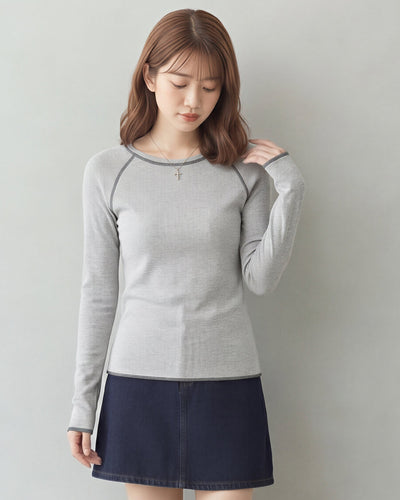 スリム配色トリム ラグランTシャツ-グレー-XL