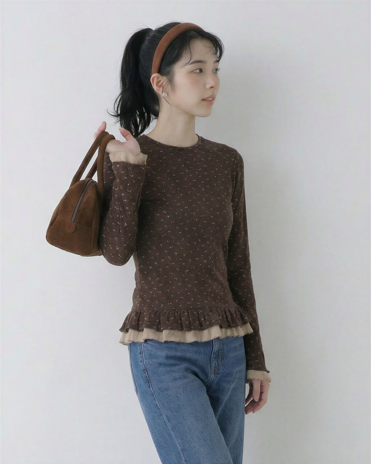 小花柄プリント フリルヘム切替 スリムフィット クルーネック 長袖Tシャツ