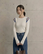 オフショルダー カットアウト 配色パイピング フィット リブニット-ホワイト-F