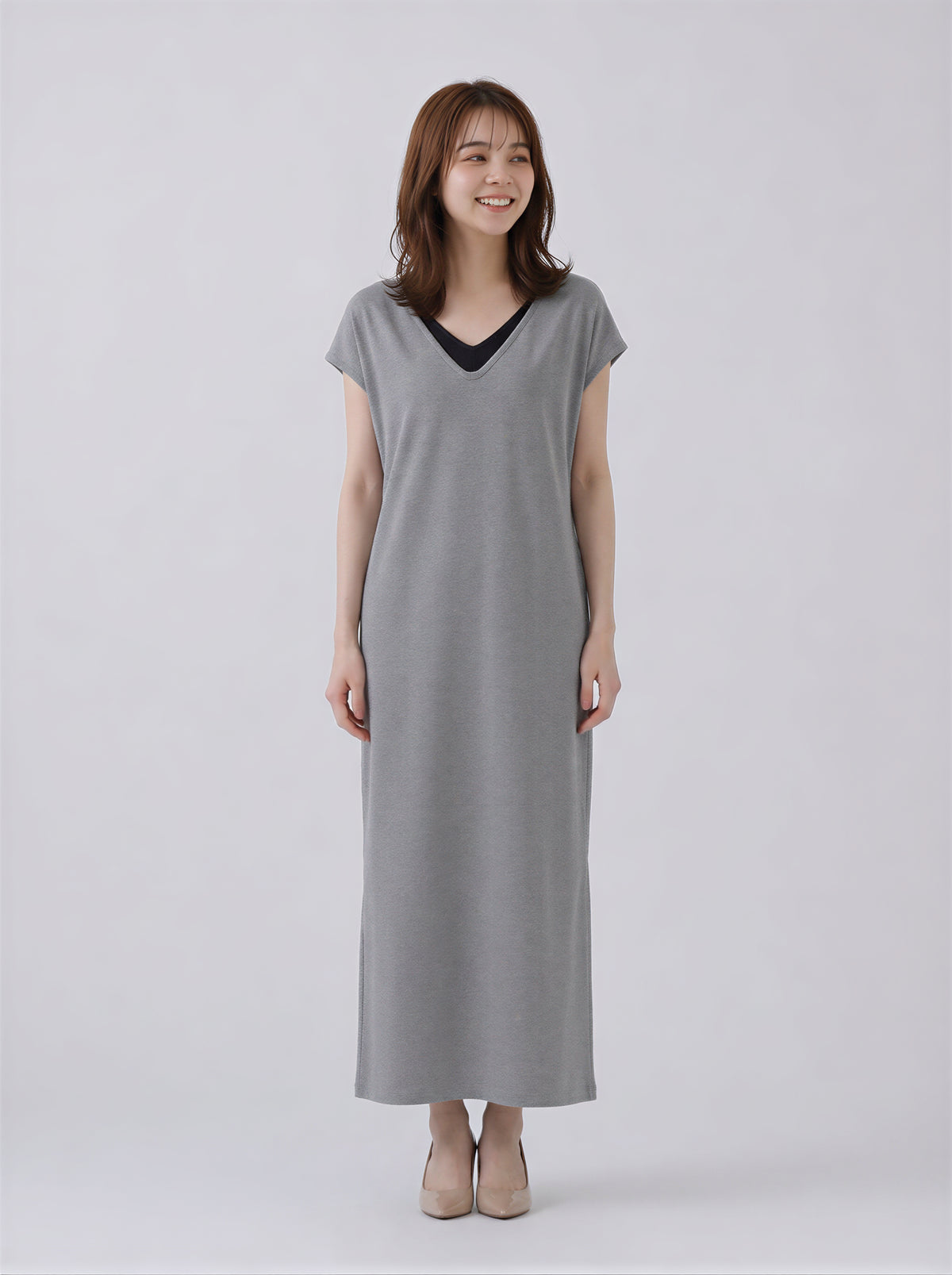 レイヤードVネック ストレート ロングワンピース-グレー-2XL