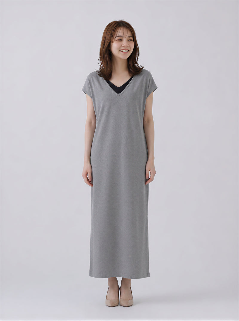 レイヤードVネック ストレート ロングワンピース-グレー-2XL