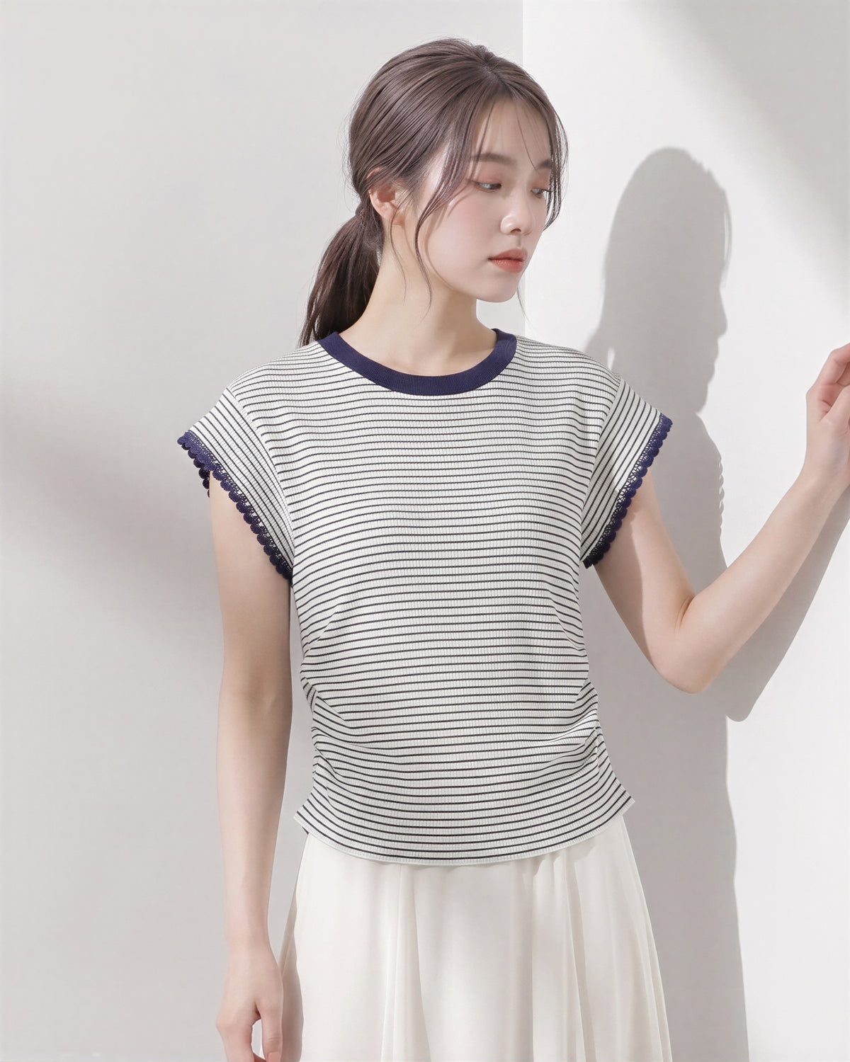 ブルーストライプ 配色ネックトリムTシャツ-ブルー-XL