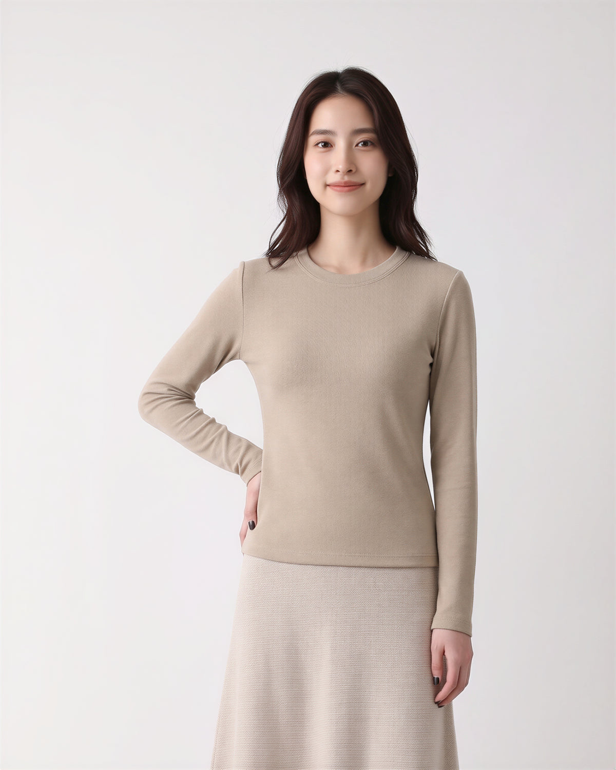クルーネック スリムフィット 長袖Tシャツ-カーキ-3XL