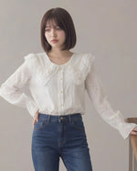 レース×フリル 大きめビッグカラー パフスリーブブラウス-ピュアホワイト-2XL