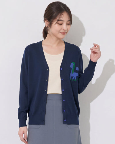Vネック 配色柄 ニットカーディガン-ダークネイビー-XL