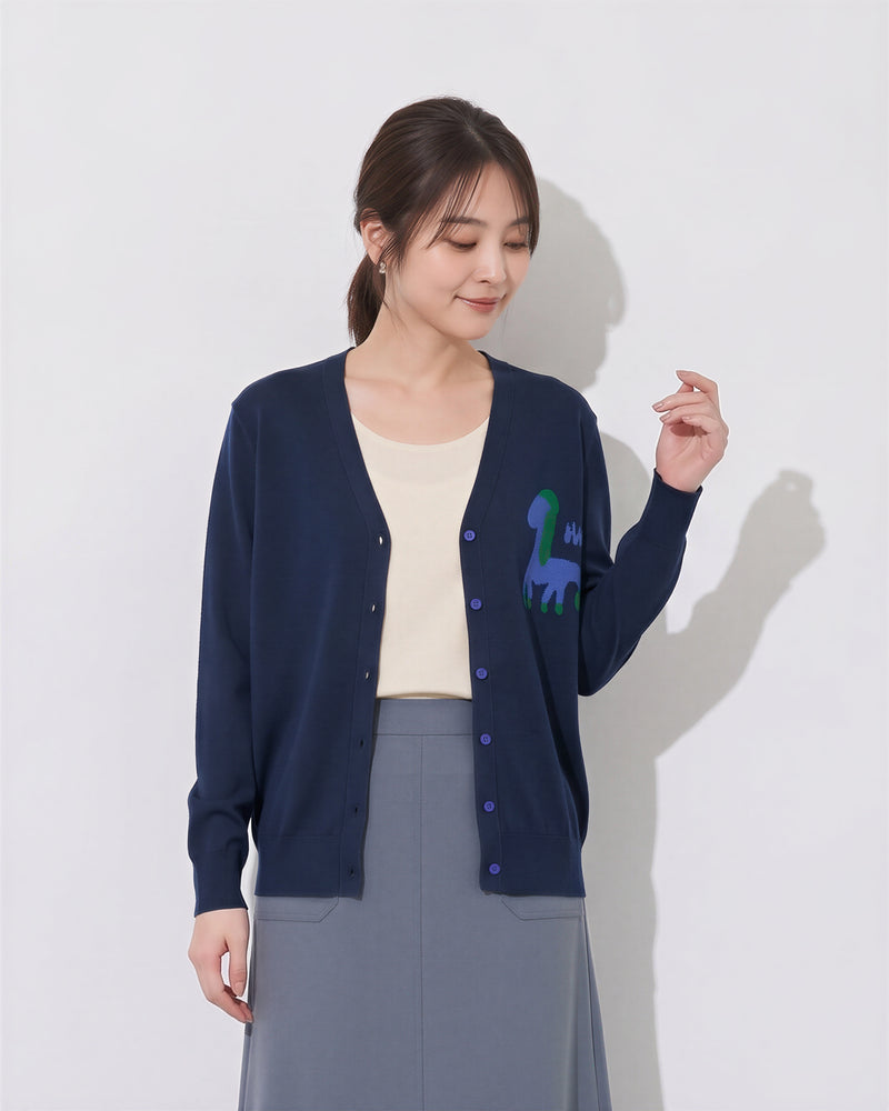 Vネック 配色柄 ニットカーディガン-ダークネイビー-XL