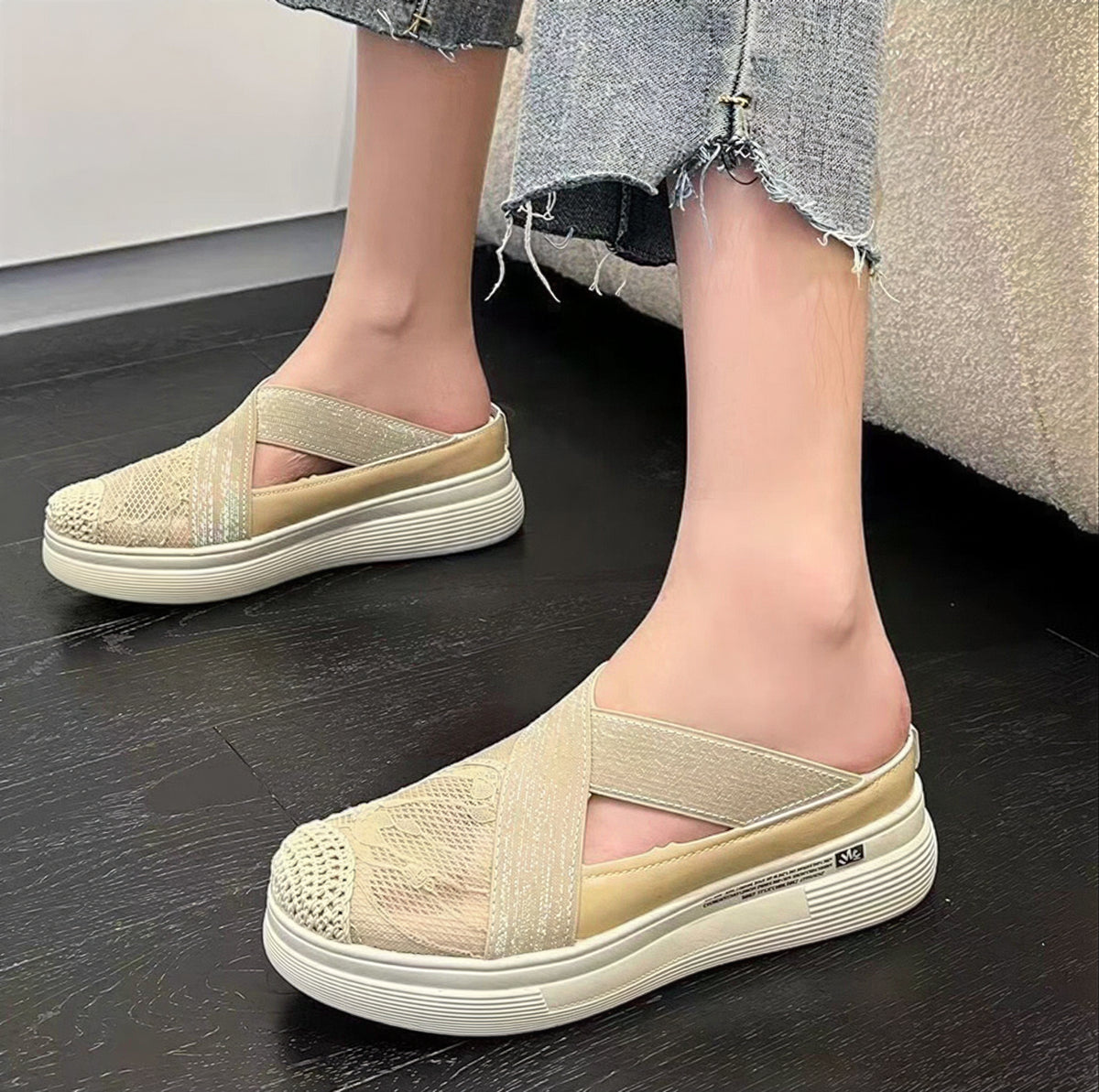 クロスストレッチ 厚底トゥカバーサンダル-ベージュ スリッパ-40