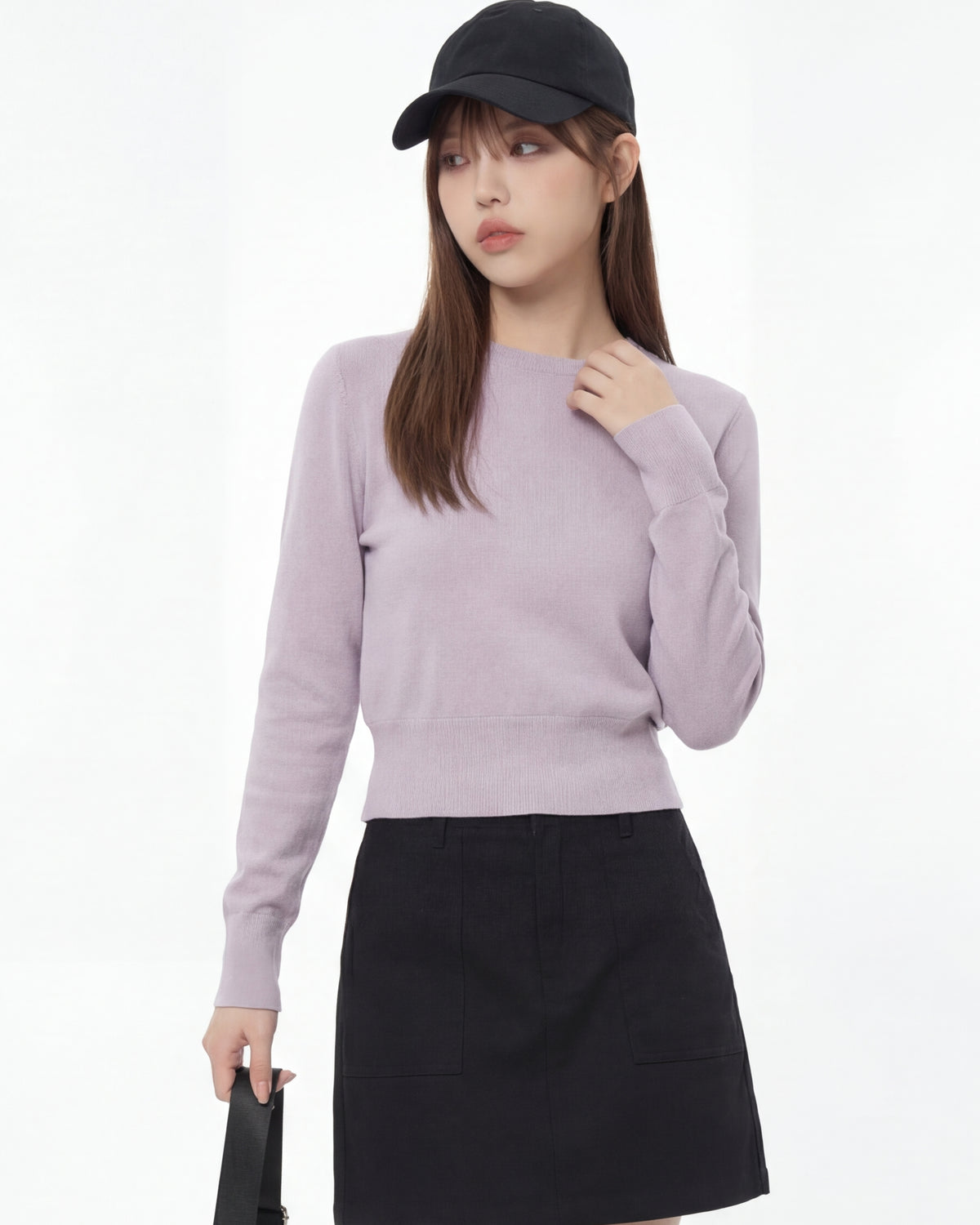 ショート丈 ウエストシェイプ ハイウエスト見え すっきりフィット クルーネック 長袖Tシャツ