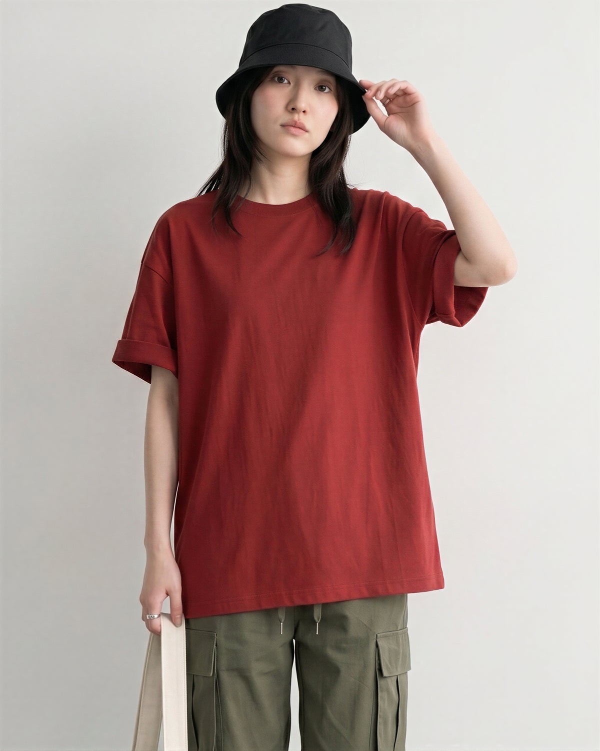 半袖Tシャツ ゆったりシルエット ミドル丈 カジュアル ドロップショルダー コットン-レッド-3XL