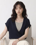 ディープV レイヤード風 ロールアップスリーブ フェイクツーピース 半袖Tシャツ-ダークブルー-4XL
