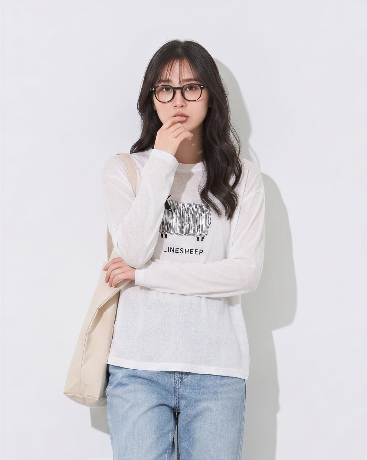 ラウンドネック ラグラン風プリント長袖Tシャツ-ホワイト-FREE