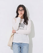 ラウンドネック ラグラン風プリント長袖Tシャツ-ホワイト-FREE