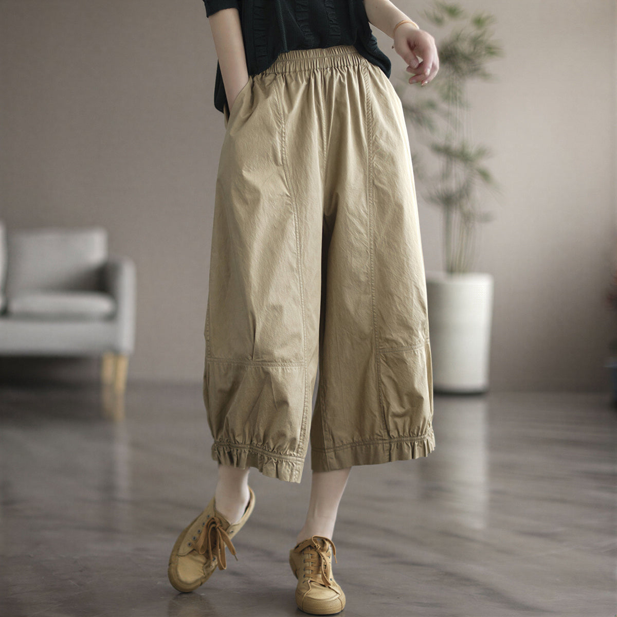 ウエストゴム ギャザー ワイドパンツ-ライトブラウン-2XL
