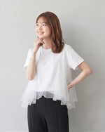ゆったりラウンドネック チュール切り替えTシャツ