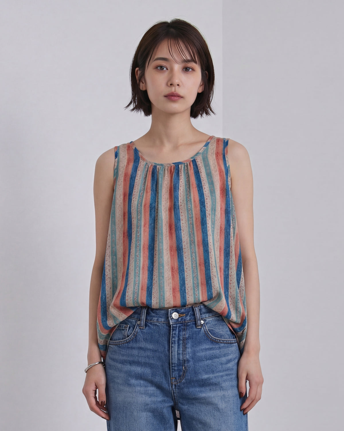 栗レッド 縦ストライプ Aライン ゆったり タンクトップ